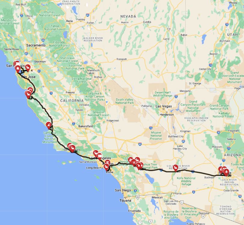 RV trip planner San Francisco to Phoenix motorhome trip route